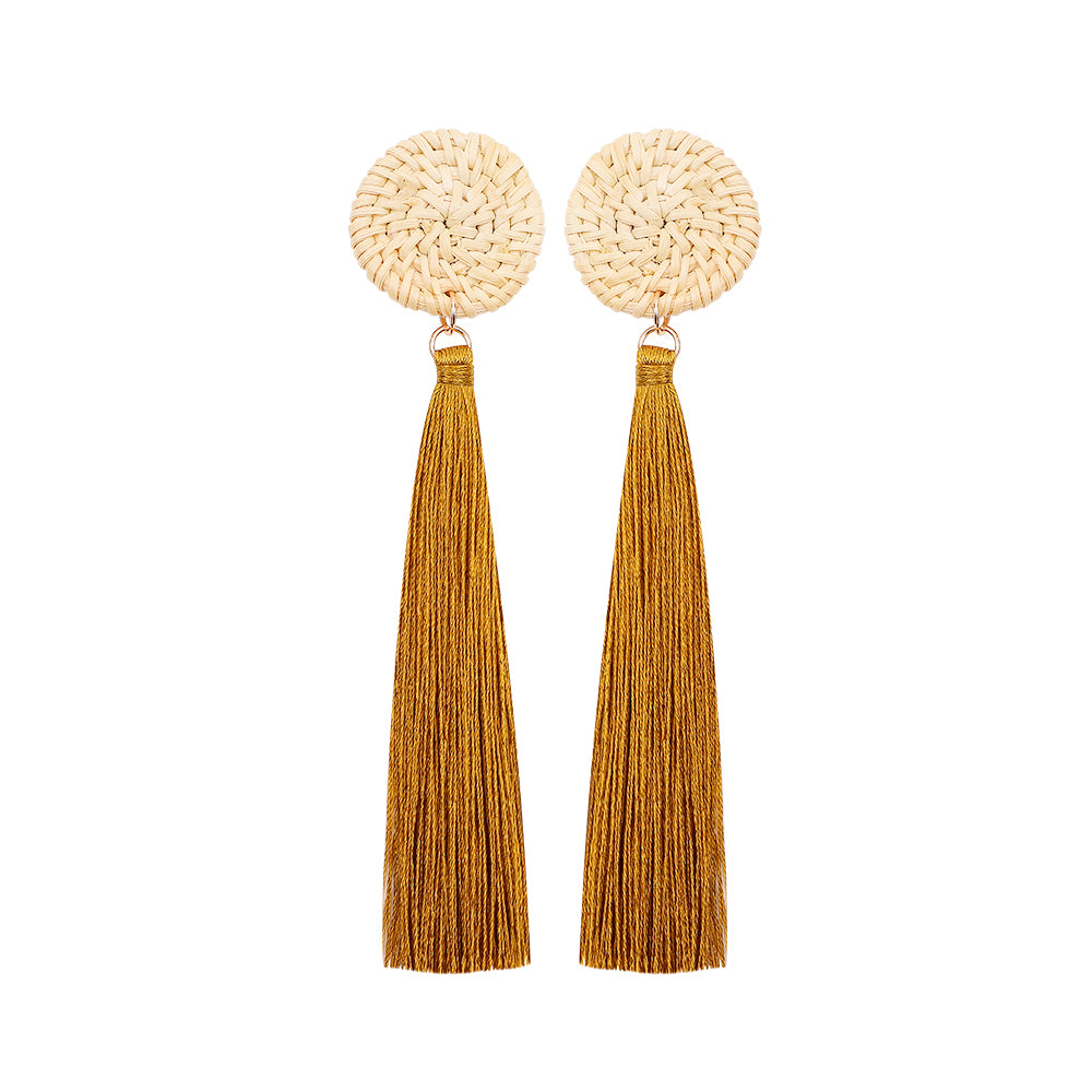 Rattan Handmade Tassel Dangle Earrings Bohemia Style Brown