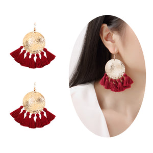 Tassels Handmade Hammered Round Disc Dangle Earrings