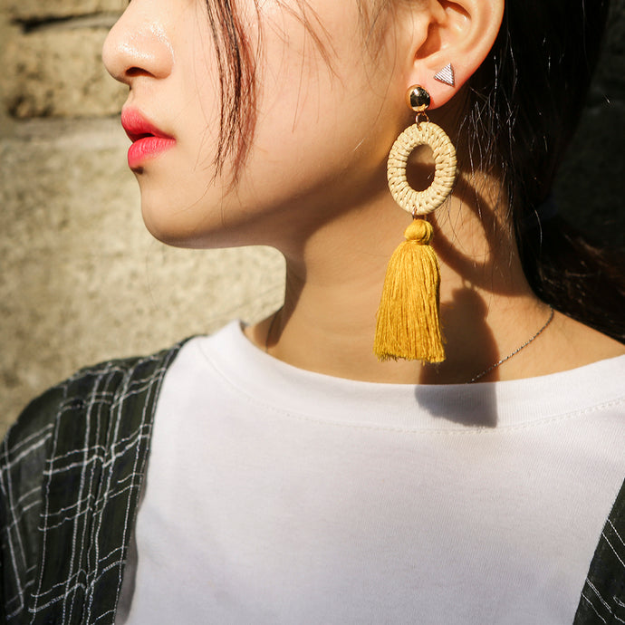 Rattan Handmade Tassel Earrings Bohemia Style Yellow