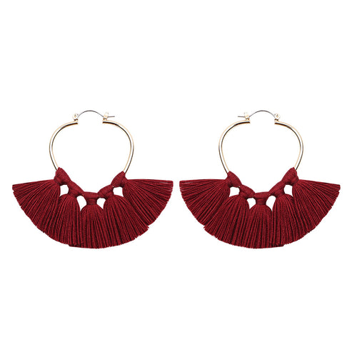 Handmade Tassel Hoop Earrings Bohemia Style Red